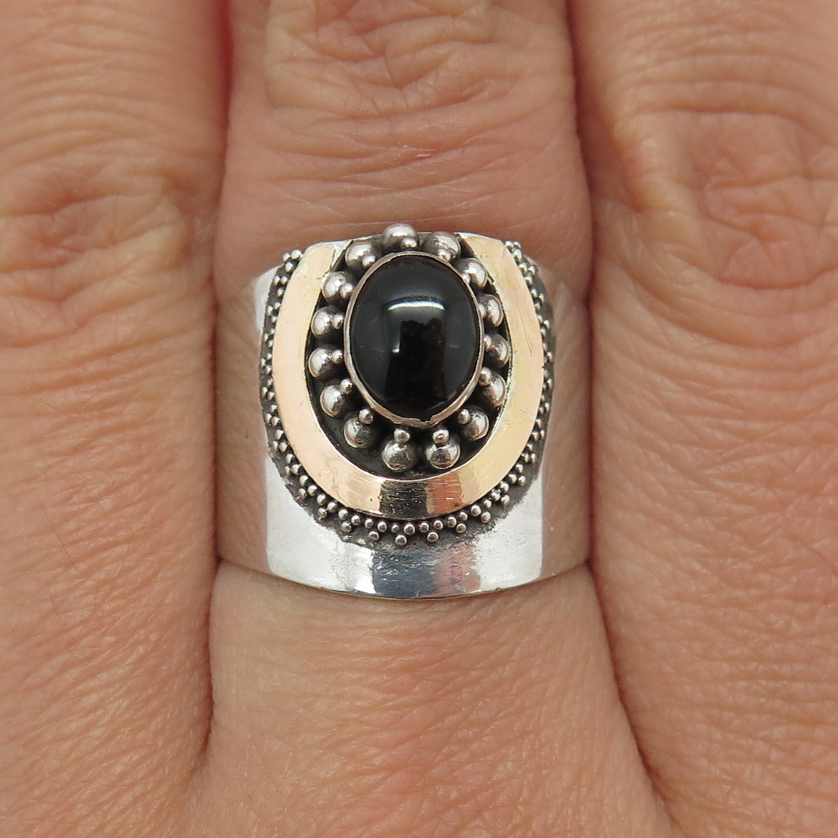 925 Sterling Silver 2-Tone Vintage Real Black Onyx Granulated Ring Size 8.5