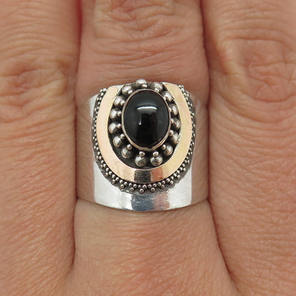 925 Sterling Silver 2-Tone Vintage Real Black Onyx Granulated Ring Size 8.5