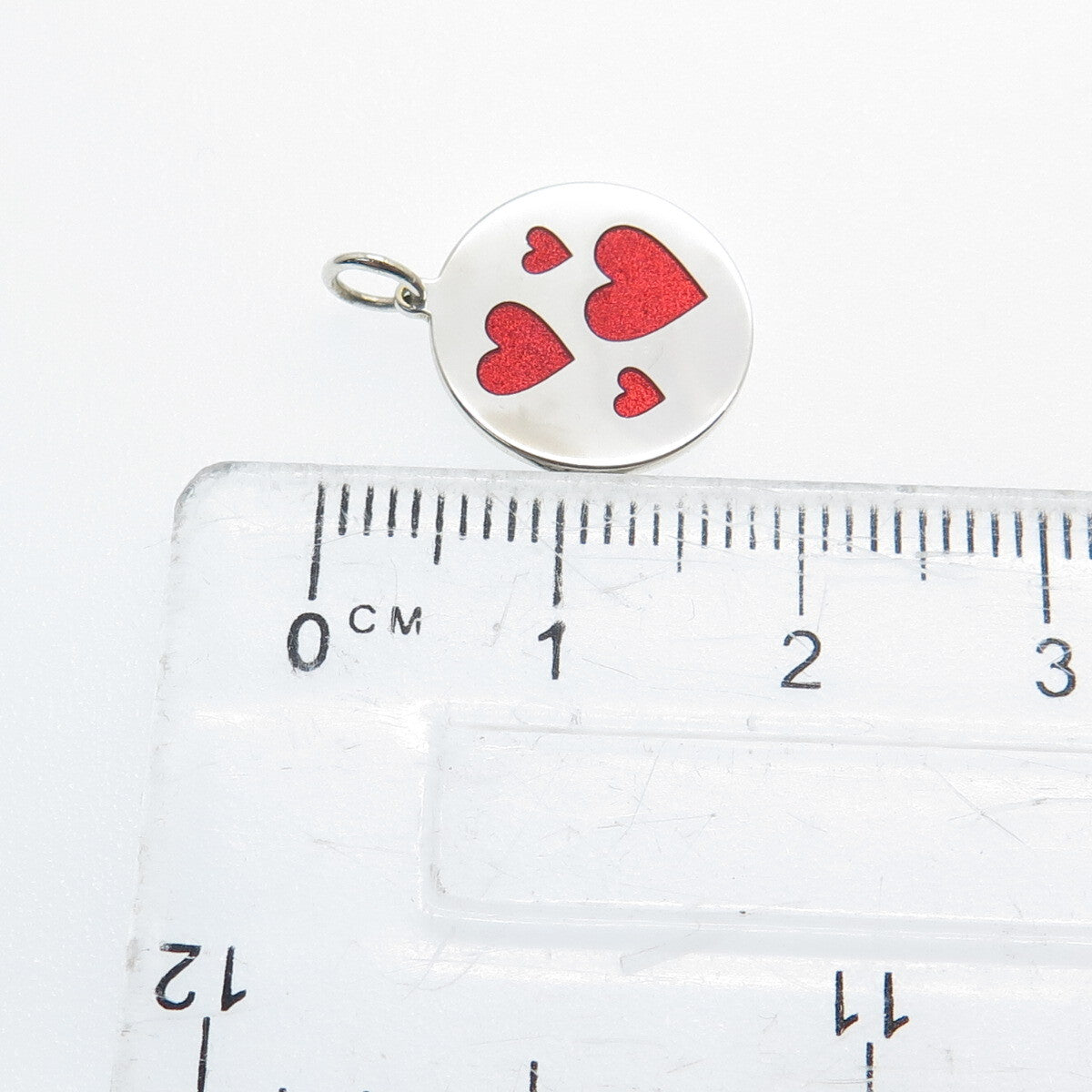 925 Sterling Silver Red Enamel Family Heart Round Tag Minimalist Charm Pendant
