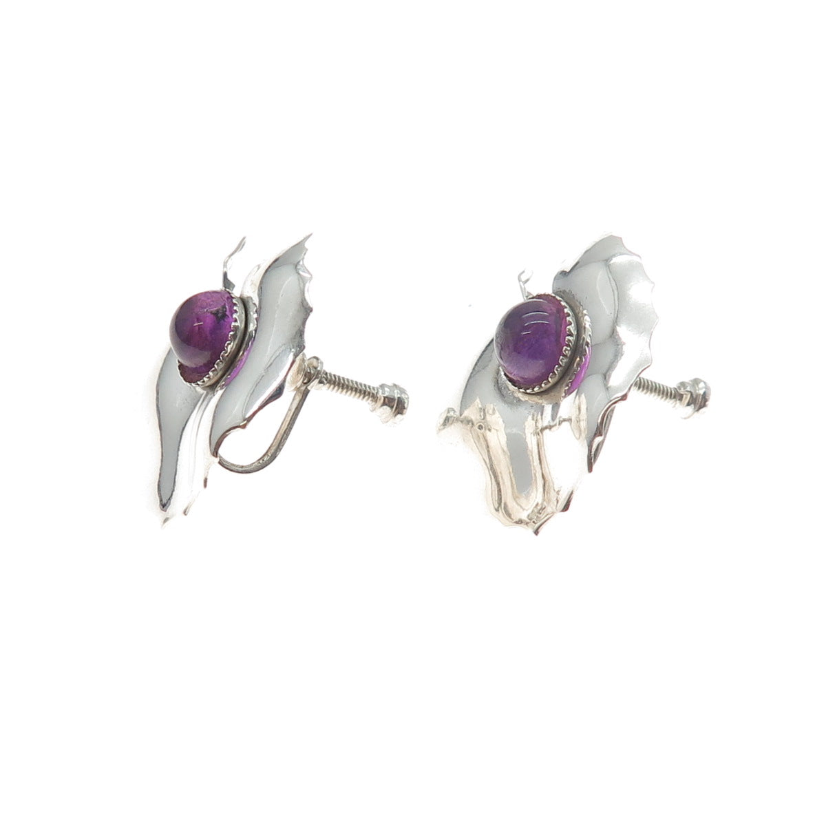 925 Sterling Silver Antique Art Deco Real Amethyst Floral Screw Back Earrings