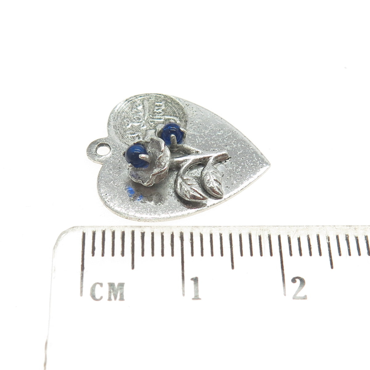 925 Sterling Silver Vintage M&M Blue Glass "I Love You" Rose Heart Pendant