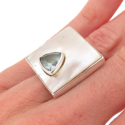 Chapal Zenray 925 Sterling Silver Vintage Real Blue Topaz & MOP Ring Size 6
