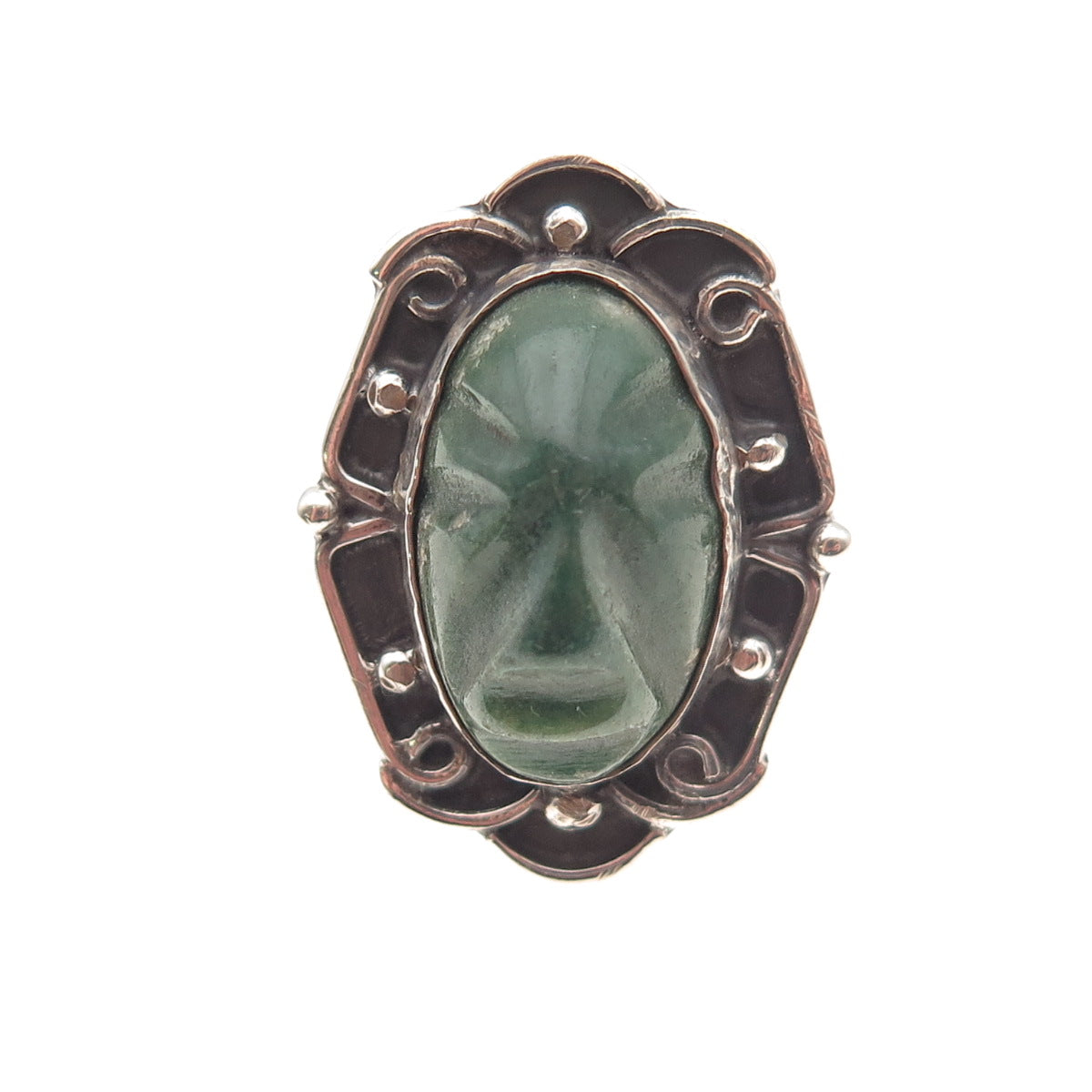 925 Sterling Silver Vintage Mexico Real Jade Carved God Oxidized Ring Size 7
