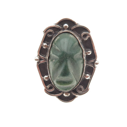 925 Sterling Silver Vintage Mexico Real Jade Carved God Oxidized Ring Size 7