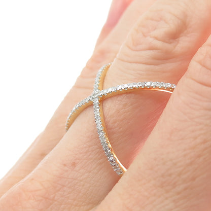 DBJ DEE BERKLE 925 Sterling Gold Plated Real Diamond Crisscross Ring Size 8.25