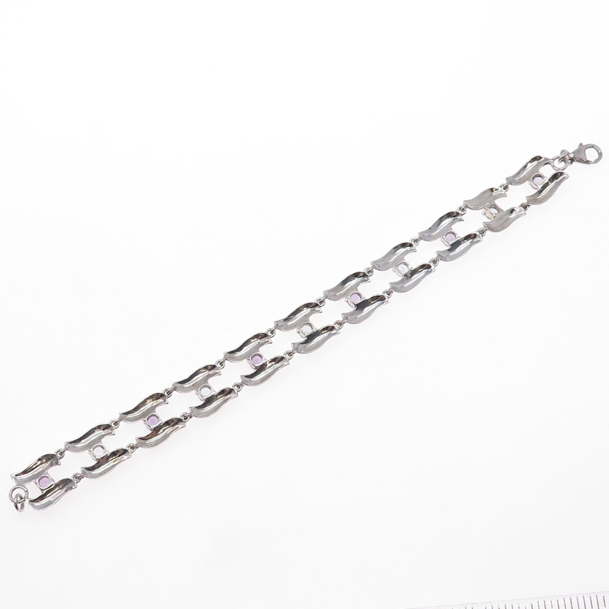 925 Sterling Silver Vintage Real Amethyst & Blue Topaz Modernist Bracelet 7.25"