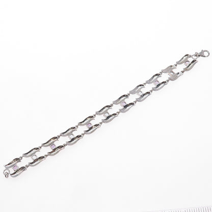 925 Sterling Silver Vintage Real Amethyst & Blue Topaz Modernist Bracelet 7.25"