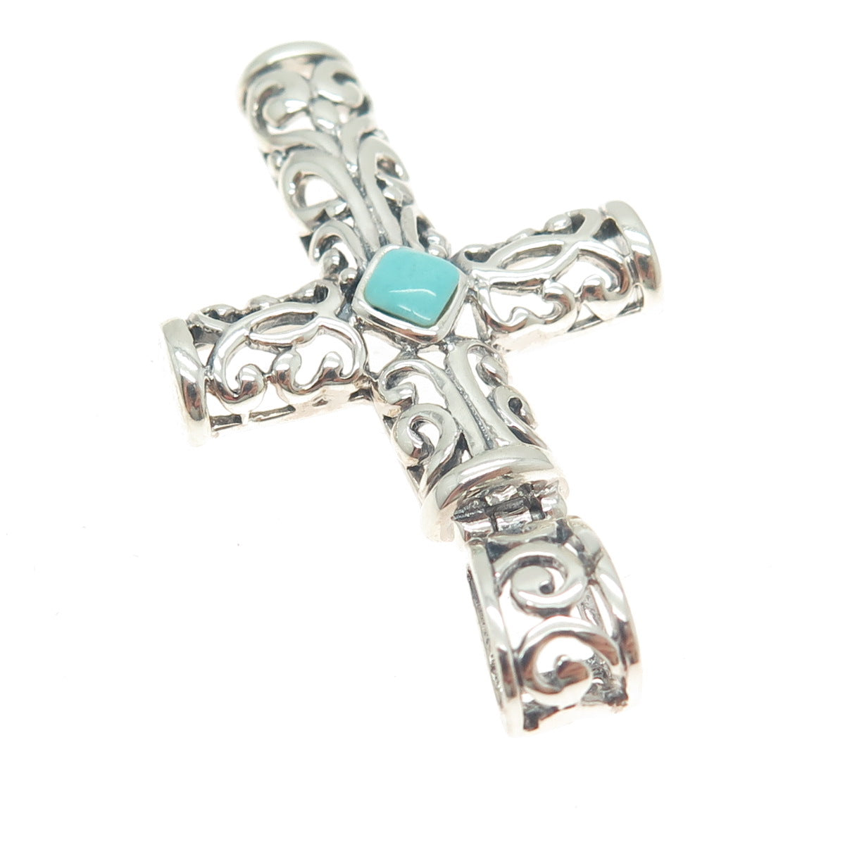 925 Sterling Silver Vintage Sleeping Beauty Turquoise Gem Ornate Cross Pendant