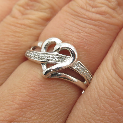 925 Sterling Silver Real Round-Cut Diamond Heart Ring Size 7