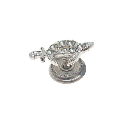 925 Sterling Silver Antique Crescent Warrior Dagger Lapel Pin (missing 6 stones)