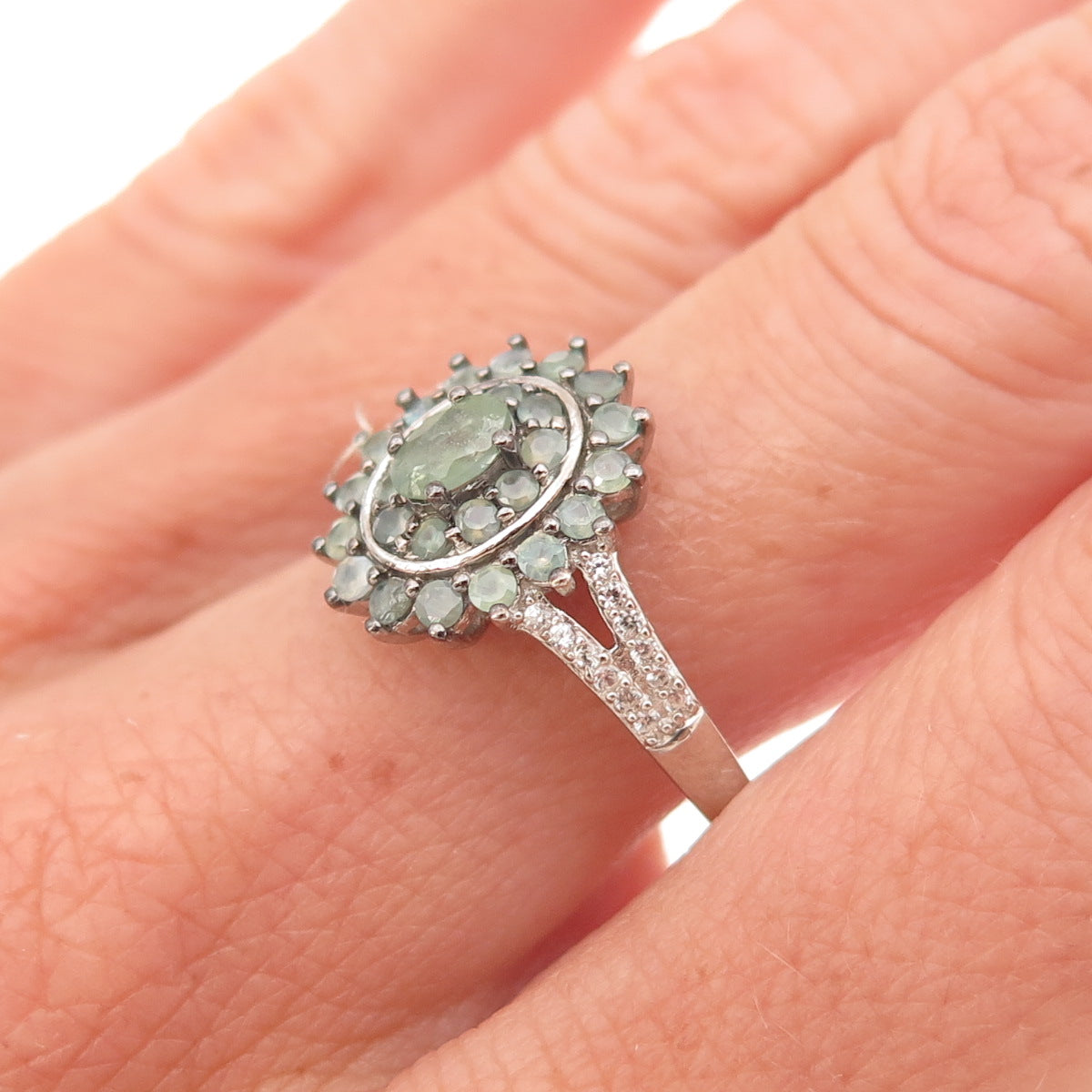 D'Joy 925 Sterling Silver Real Green Sapphire & White Topaz Floral Ring Size 8