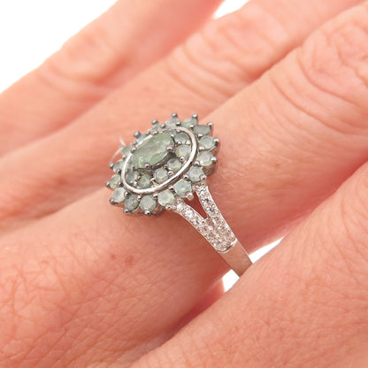 D'Joy 925 Sterling Silver Real Green Sapphire & White Topaz Floral Ring Size 8