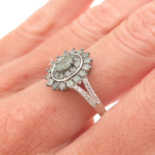 D'Joy 925 Sterling Silver Real Green Sapphire & White Topaz Floral Ring Size 8