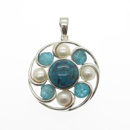 WHITNEY KELLY Sterling Silver Vintage Real Turquoise Quartz Pearl Flower Pendant