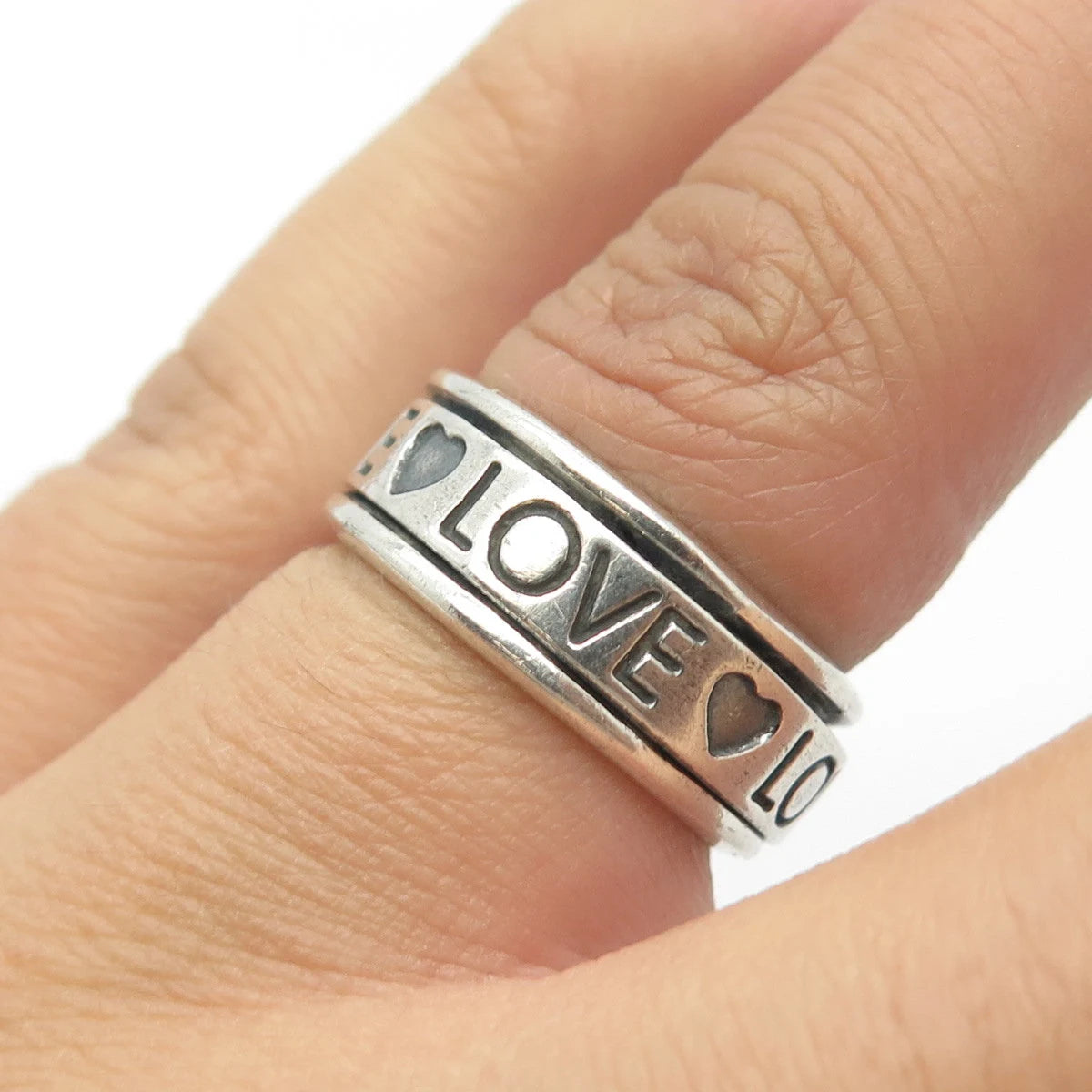 925 Sterling Silver Vintage "Love Love Love" Rotating Band Ring Size 6.25