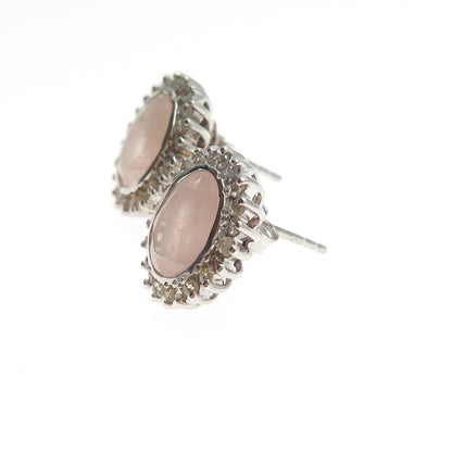 925 Sterling Silver Real Round-Cut Diamond & Oval-Cut Rose Quartz Earrings