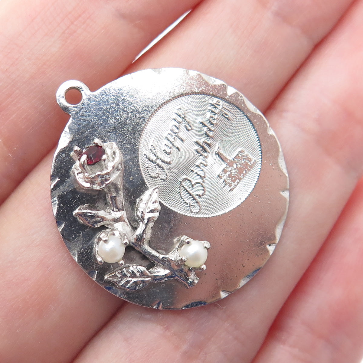 TOWN & COUNTRY 925 Sterling Vintage Real Pearl Rhinestone Happy Birthday Pendant