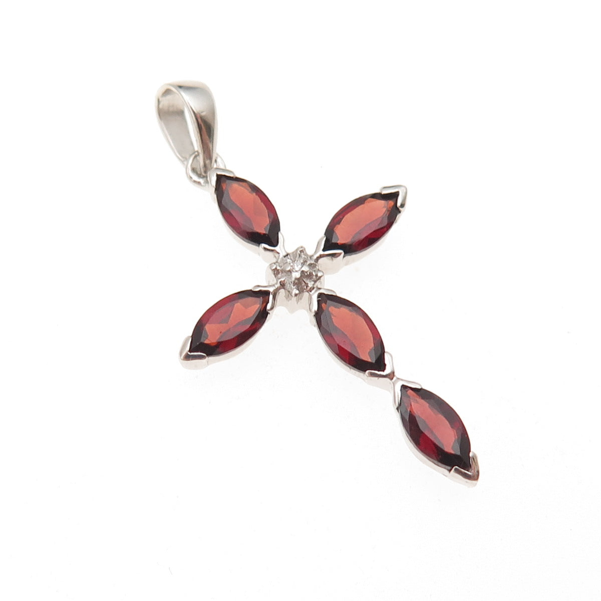 925 Sterling Silver Real Diamond Accent & Red Garnet Cross Charm Pendant