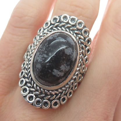 925 Sterling Silver Vintage Snowflake Obsidian Circle Link Oxidized Ring Size 9