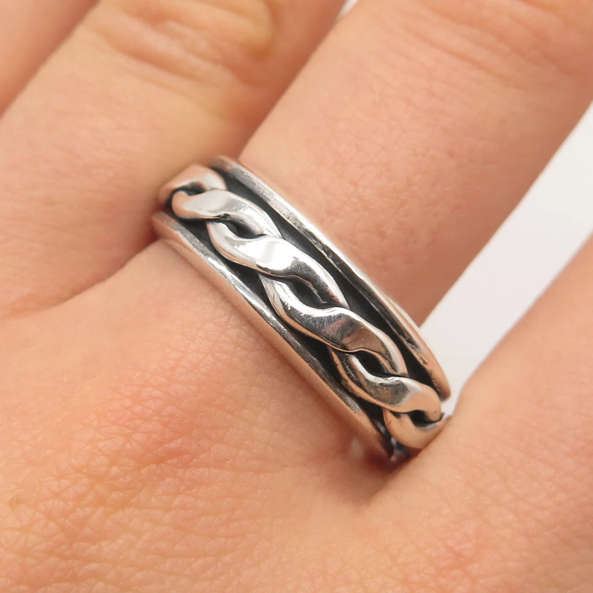 925 Sterling Silver Vintage Mexico Braided Rotating Band Ring Size 11