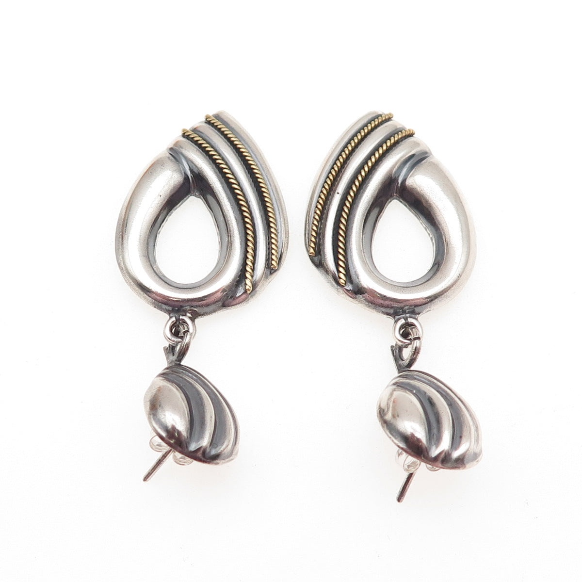 LATON Sterling Silver 2-Tone Vintage Mexico Modernist Oxidized Dangle Earrings