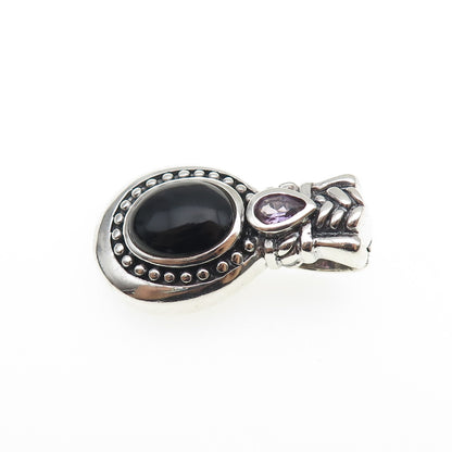 925 Sterling Silver Vintage Real Black Onyx & Amethyst Oxidized Charm Pendant