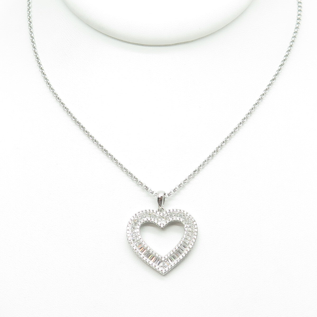 925 Sterling Silver Italy Round & Tapered Baguette-Cut C Z Heart Necklace 16"