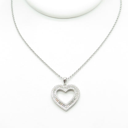 925 Sterling Silver Italy Round & Tapered Baguette-Cut C Z Heart Necklace 16"