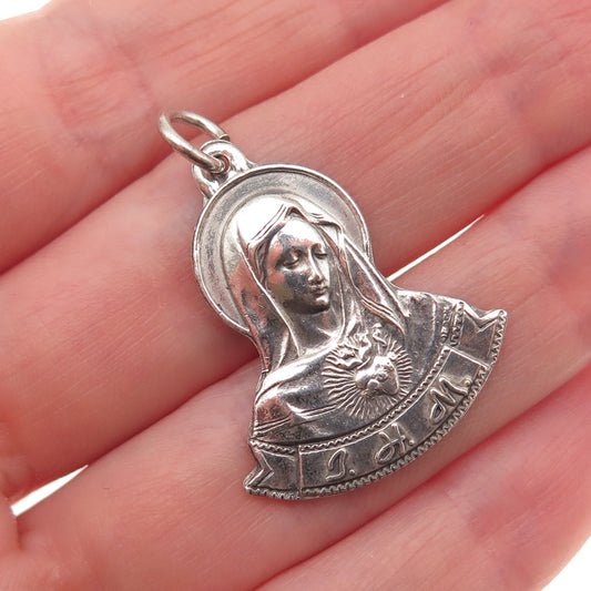 925 Sterling Silver Antique Art Deco St. Mary Miraculous Oxidized Charm Pendant