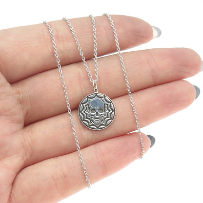 925 Sterling Silver Skull Spider Web Round Pendant Cable Chain Necklace 18"