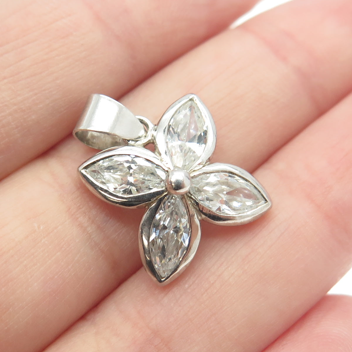 HAN 925 Sterling Silver Marquise-Cut C Z Flower Pendant