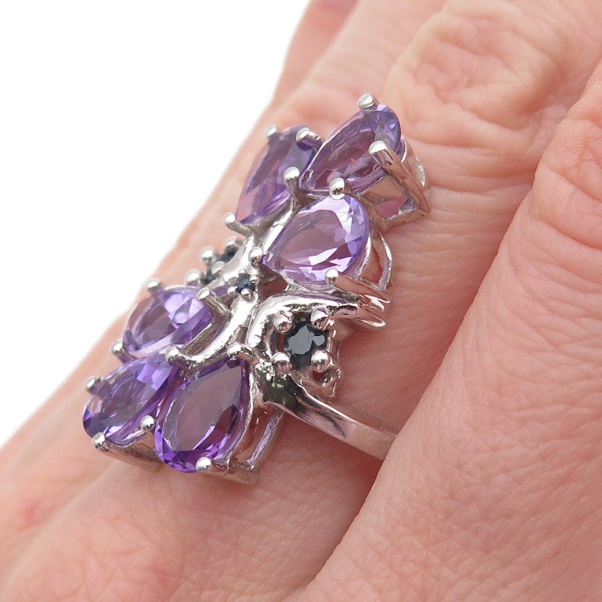 925 Sterling Silver Real Amethyst & Sapphire Cluster Ring Size 8