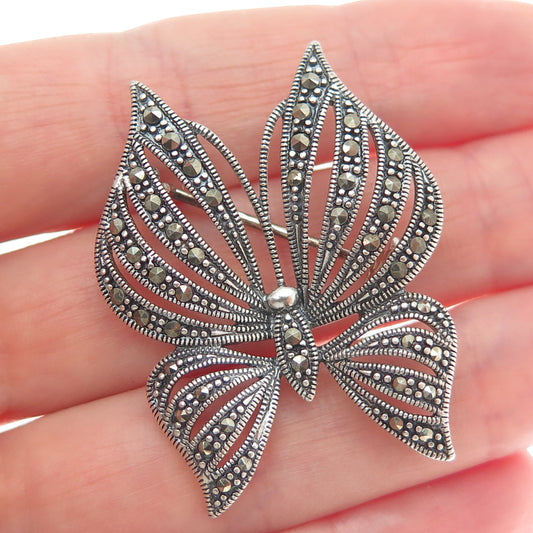 925 Sterling Silver Vintage Real Marcasite Butterfly Oxidized Pin Brooch