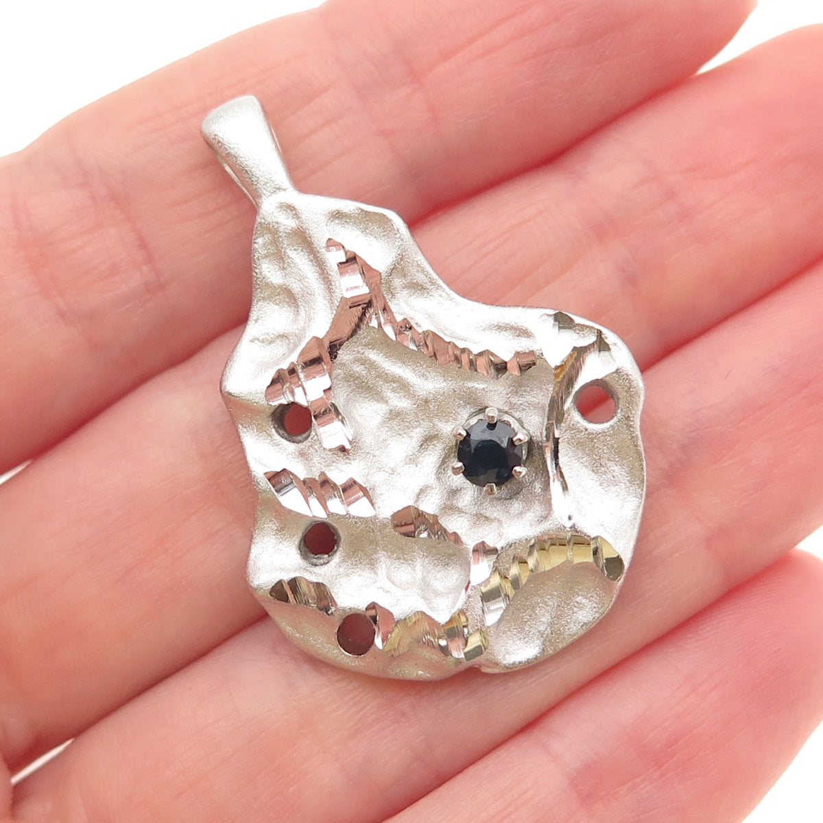 925 Sterling Silver Vintage Real Round-Cut Sapphire Modernist Pendant