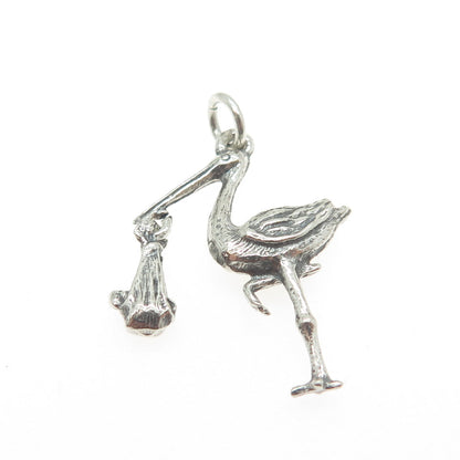 925 Sterling Silver Vintage Stork Carrying a Baby 3D Pendant