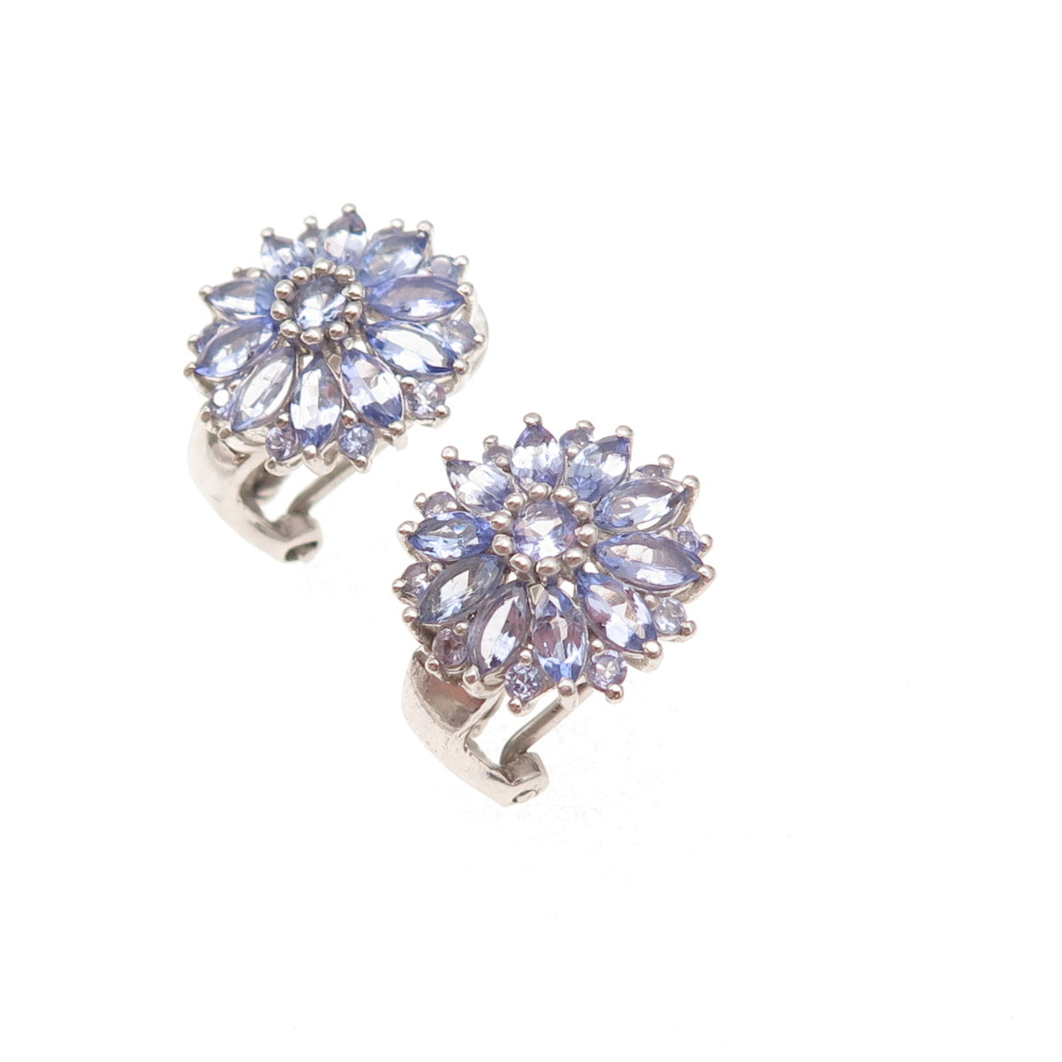 Chuck Clemency 925 Sterling Silver Real Tanzanite Floral Omega Back Earrings