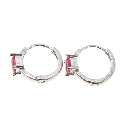 925 Sterling Silver Princess-Cut Pink C Z Hoop Earrings