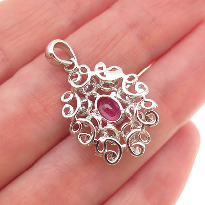 925 Sterling Silver Real Oval-Cut Ruby Floral Charm Pendant