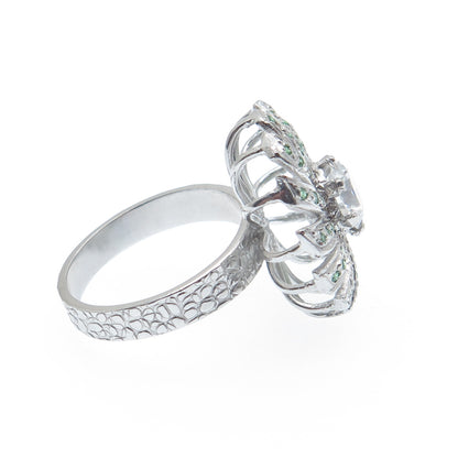 925 Sterling Silver Round-Cut Tsavorite & White C Z Modernist Flower Ring Size 8