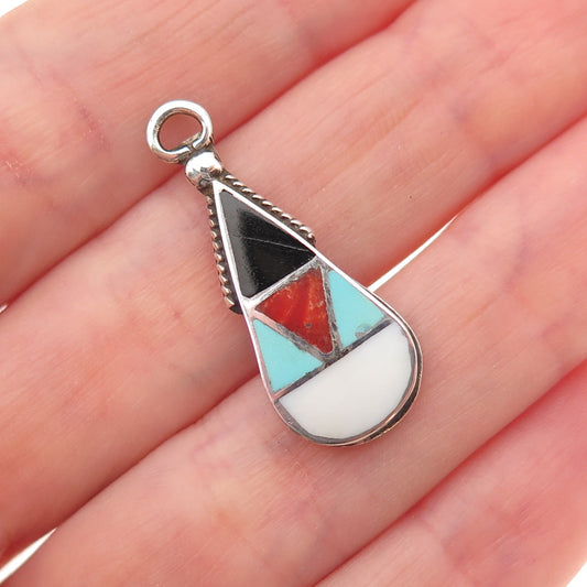 Old Pawn Sterling Silver Vintage Turquoise Coral Black Onyx & MOP Charm Pendant
