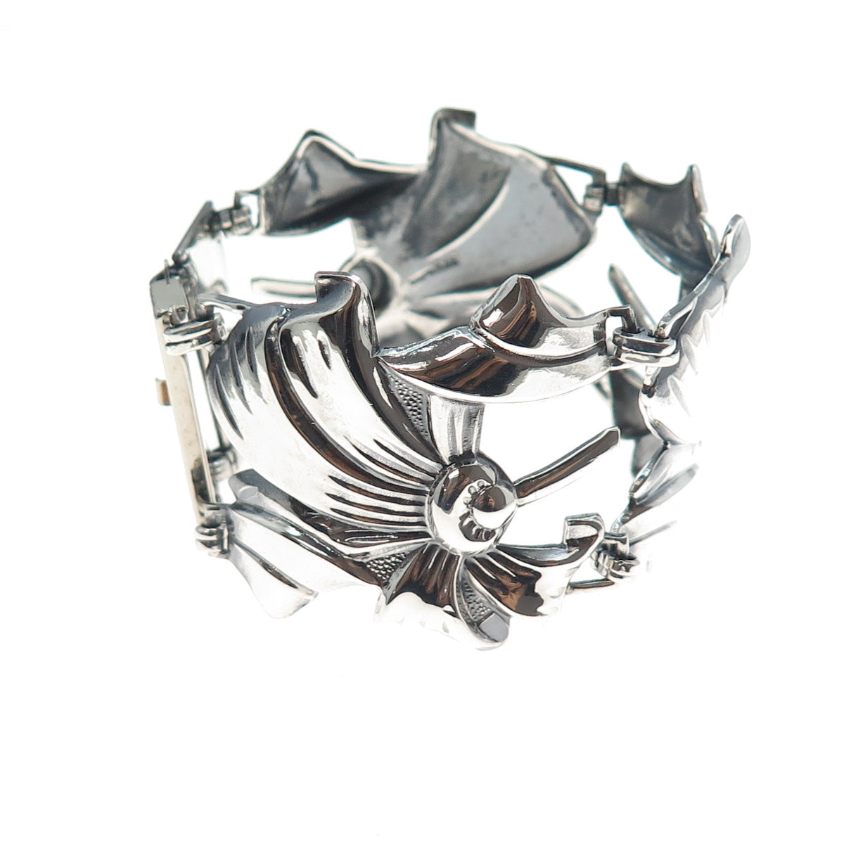 925 Sterling Silver Antique Art Deco Floral Panel Link Oxidized Bracelet 6.5"
