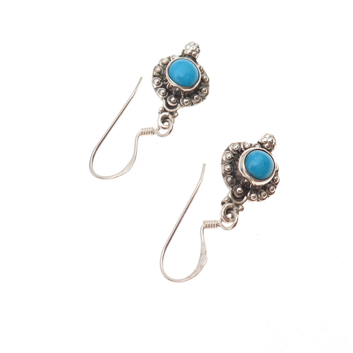 925 Sterling Silver Vintage Real Turquoise Beaded Oxidized Dangle Earrings