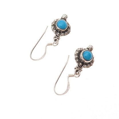 925 Sterling Silver Vintage Real Turquoise Beaded Oxidized Dangle Earrings
