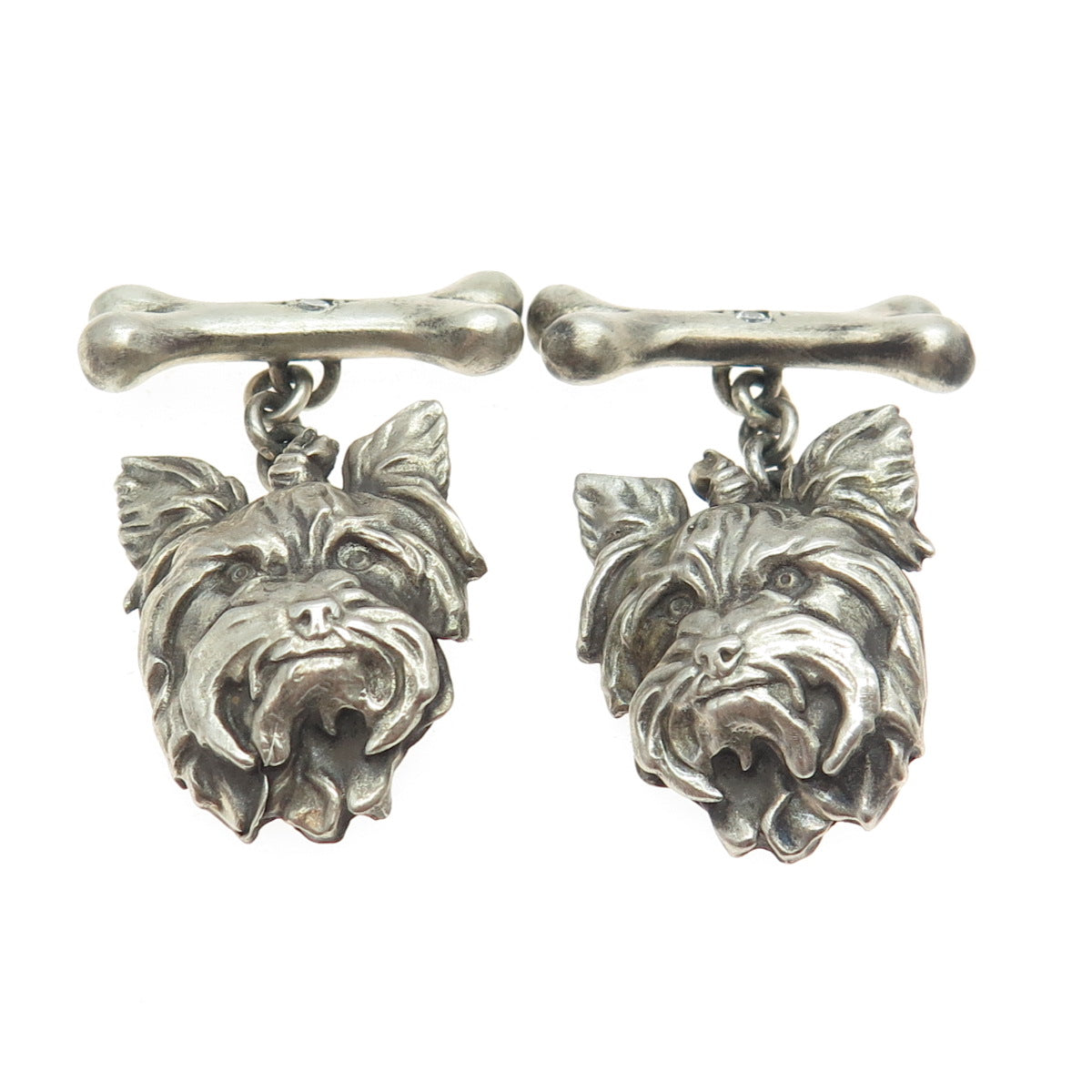 925 Sterling Silver Vintage Real Round-Cut Diamond Yorkshire Terrier Cufflinks