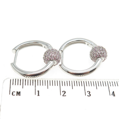 925 Sterling Silver Pink C Z Huggie Earrings