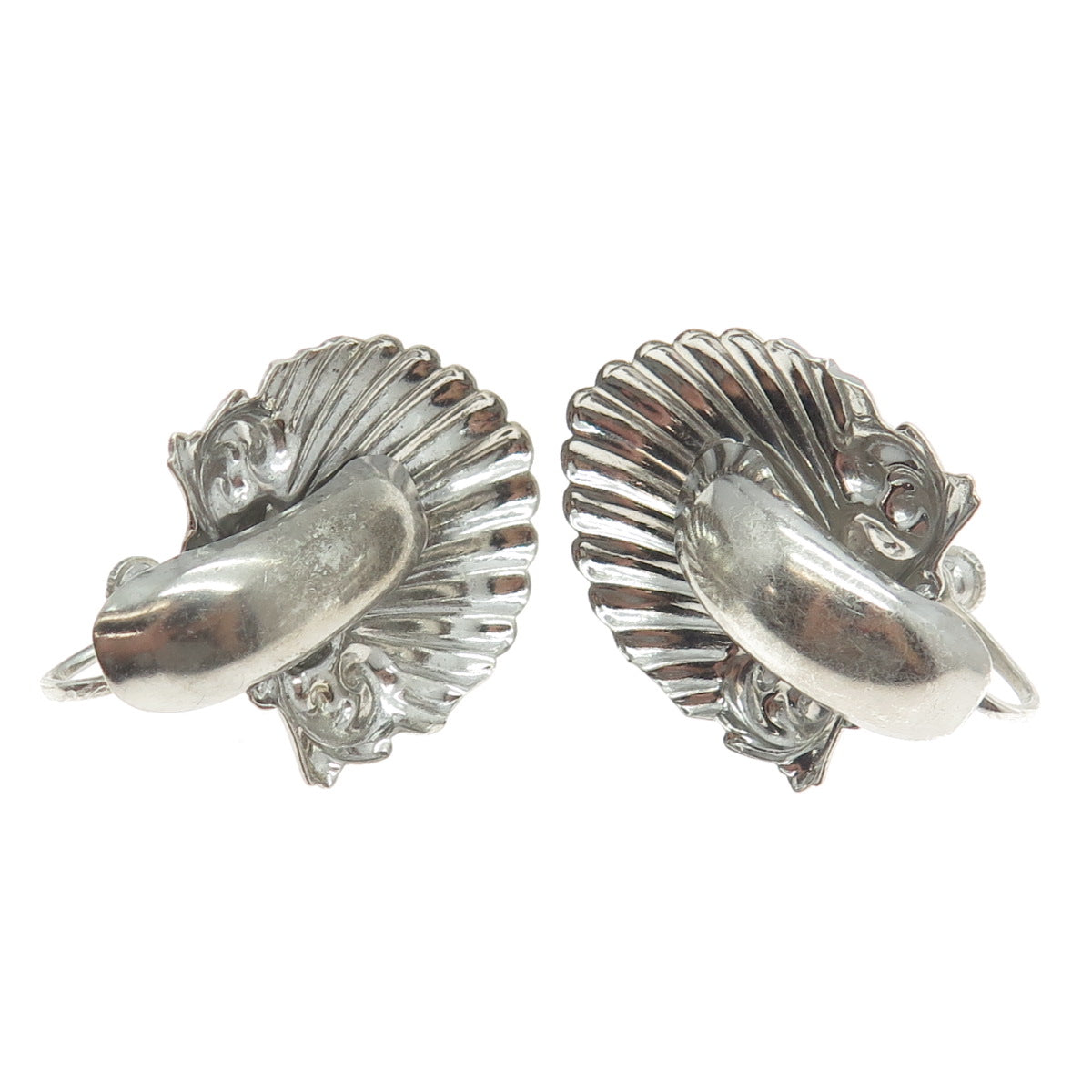 925 Sterling Silver Antique Art Deco Seashell Repousse Screw Back Earrings