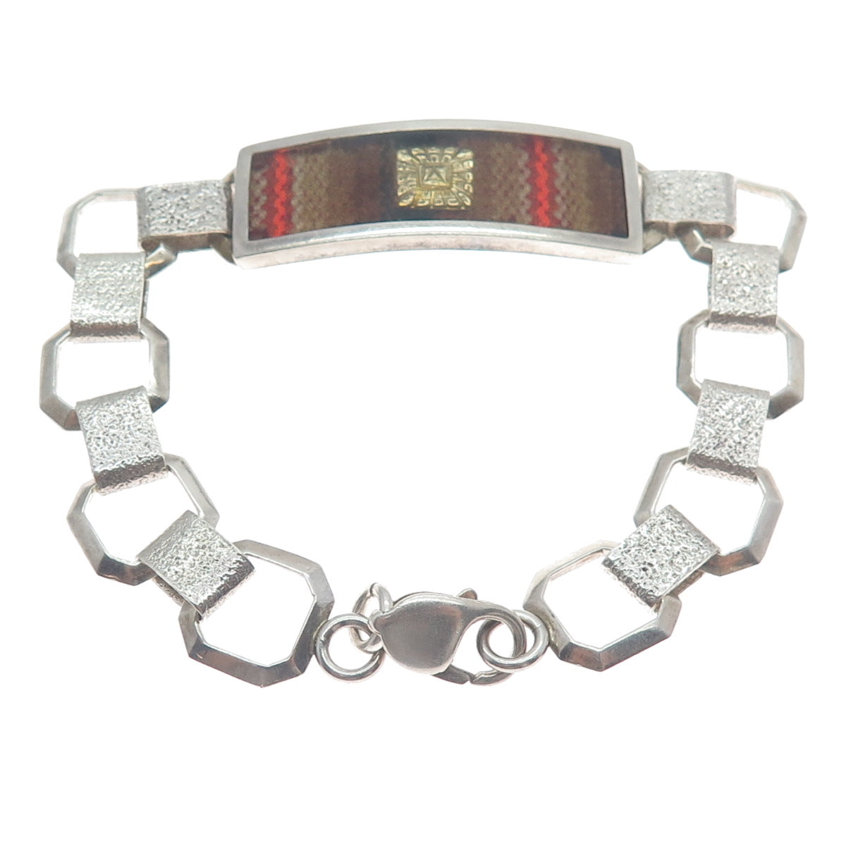 925 Sterling Silver 2-Tone Vintage Glass Mayan Tribal ID Oxidized Bracelet 8.25"