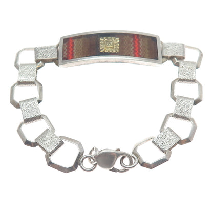 925 Sterling Silver 2-Tone Vintage Glass Mayan Tribal ID Oxidized Bracelet 8.25"