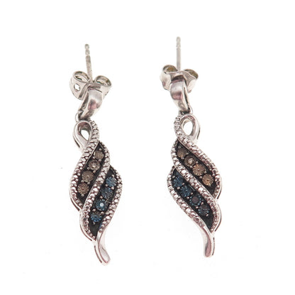 925 Sterling Silver Real Round-Cut Blue & Champagne Diamond Dangle Earrings
