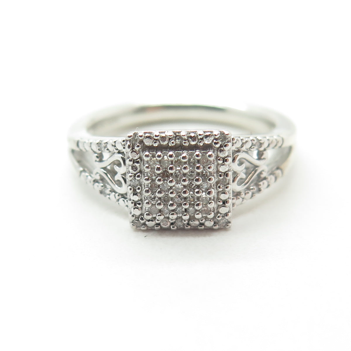 SUN 925 Sterling Silver Real Round-Cut Diamond Princess Square Ring Size 7.25